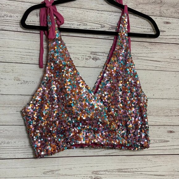 Free People Intimately Big Night Multi-Colored Sequin Crop Top Size Large - Picture 2 of 5